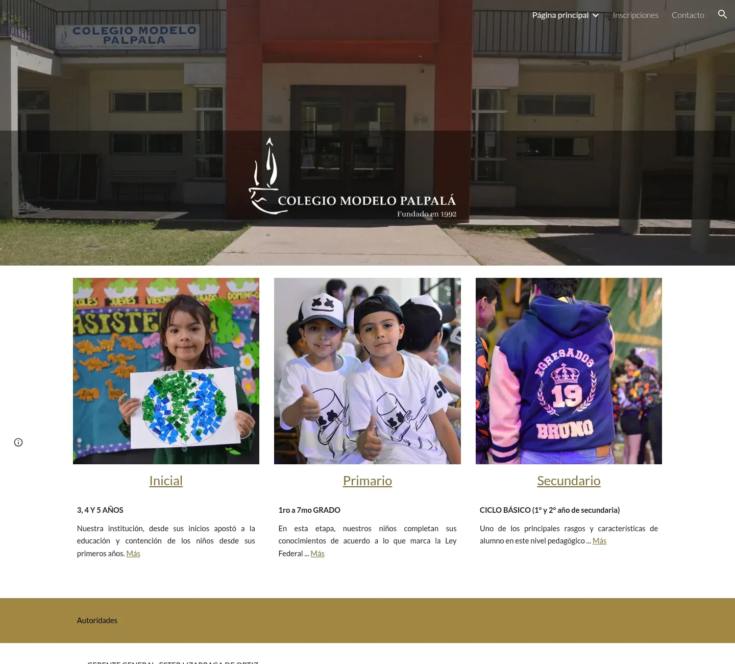 Inicio del sitio anterior: foto de la fachada del colegio con el logo, un menú de tres opciones sobre la imagen y tres tarjetas con fotos de Inicial, Primario y Secundario.