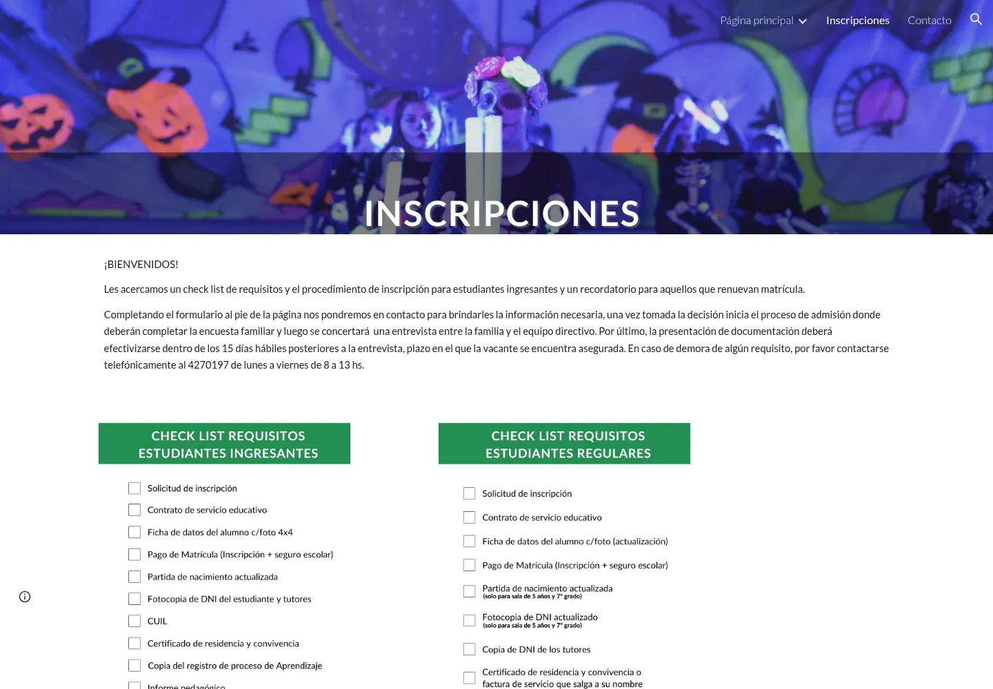 Página de inscripciones del sitio anterior: dos listas de requisitos en formato de imagen, para estudiantes ingresantes y regulares.
