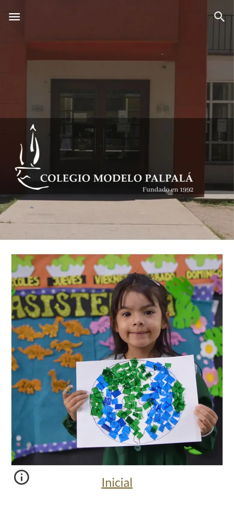 Sitio anterior en un celular: foto de la fachada con el logo y, debajo, una foto de un niño que ocupa casi toda la pantalla.