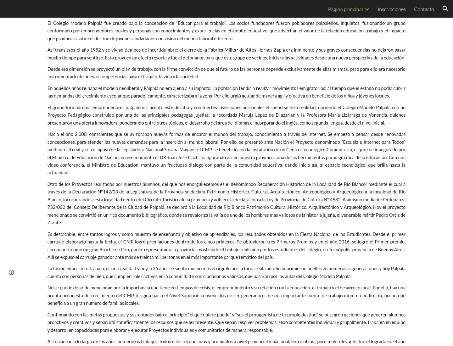 Parte de la reseña histórica del sitio anterior: varios párrafos de texto corrido, sin subtítulos ni imágenes.