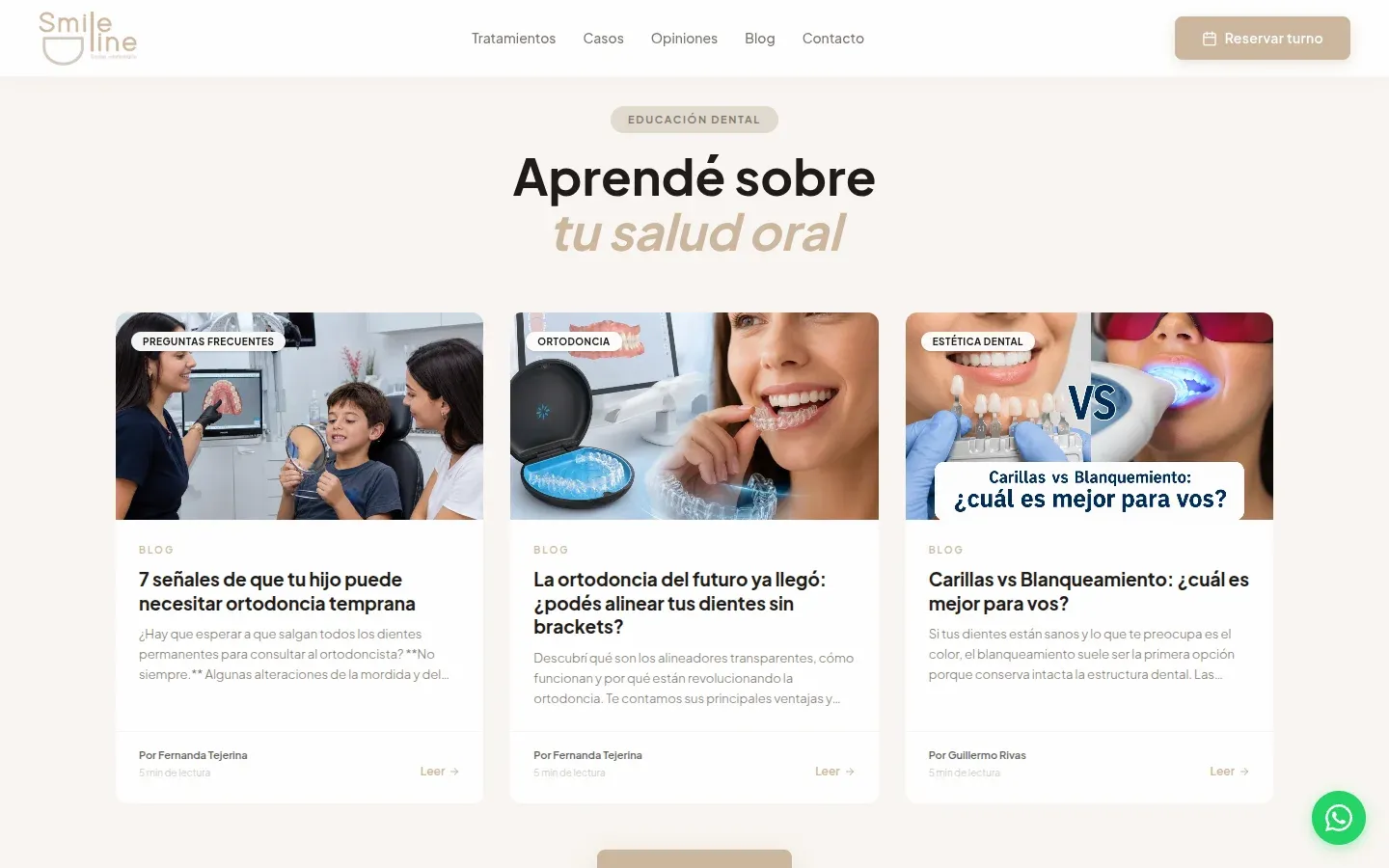 Sección de blog de Smile Line con tres artículos: ortodoncia temprana en niños, alineadores transparentes y carillas contra blanqueamiento.