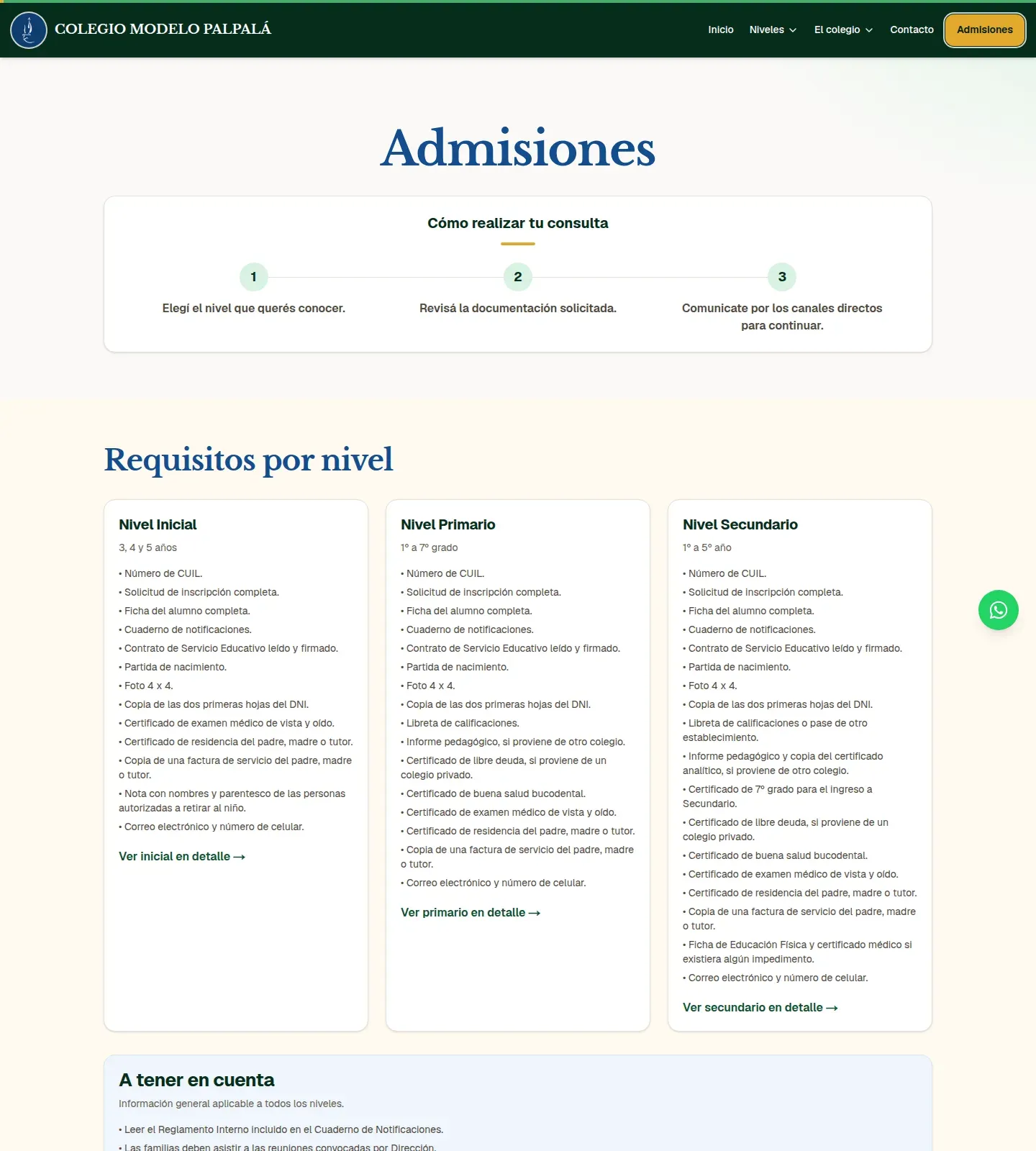 Página de admisiones del sitio nuevo: tres pasos para consultar y los requisitos de cada nivel en tarjetas, con un bloque de información general.