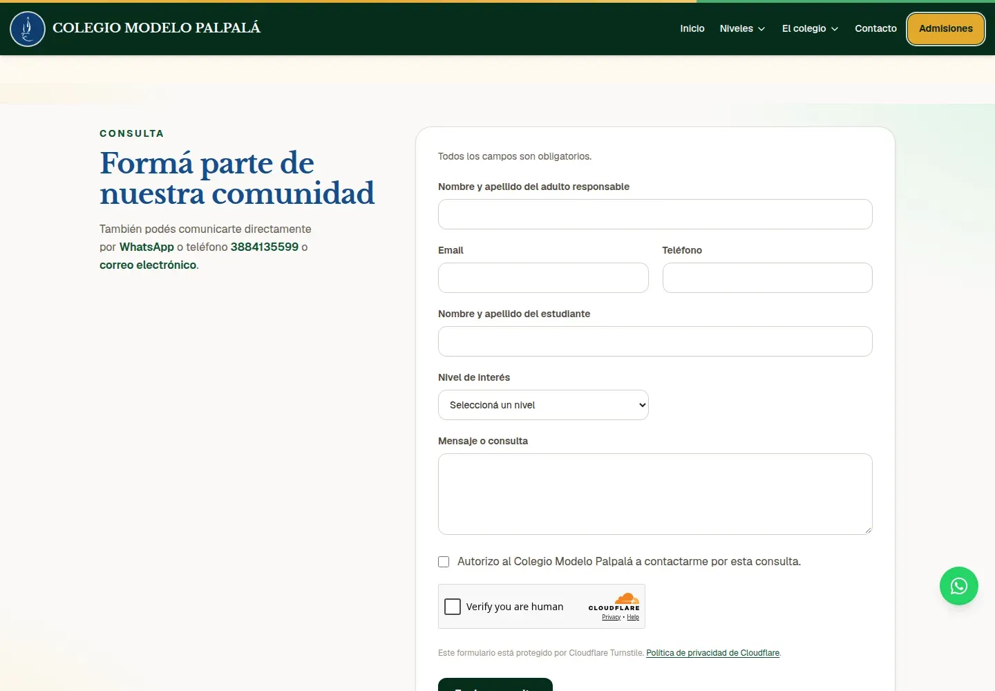 Formulario de consulta del sitio nuevo: datos del adulto responsable y del estudiante, nivel de interés, mensaje y consentimiento.