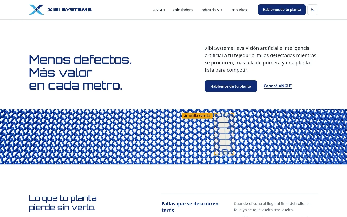 Nueva página de XIBI Systems con el titular "Menos defectos. Más valor en cada metro." y una tira de tejido modelada en 3D.