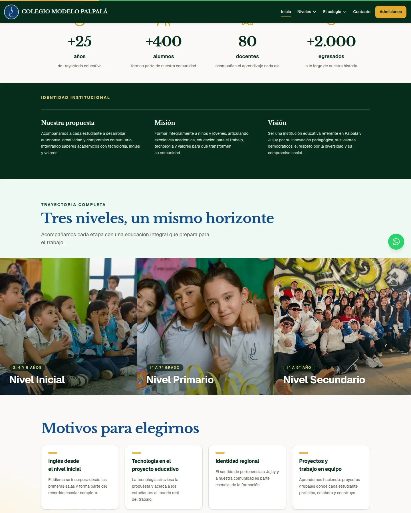 Sitio nuevo: cifras del colegio, bloque de propuesta, misión y visión, tarjetas con foto de los tres niveles y cuatro motivos para elegir el colegio.