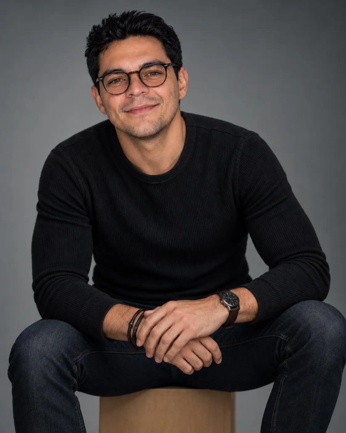 Retrato de Fer Tejerina, sentado, con anteojos y sweater negro.