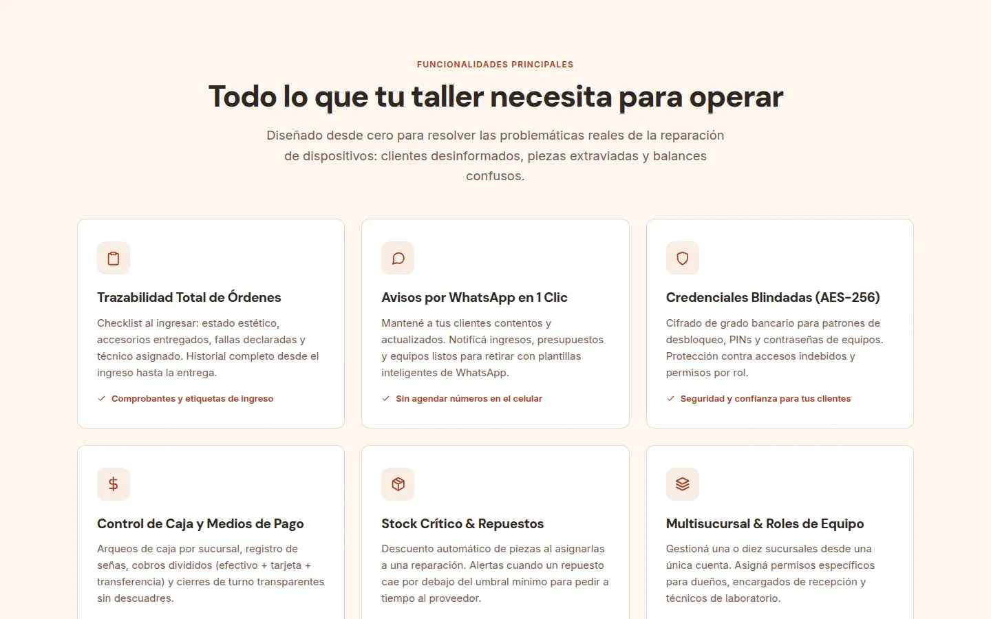 Sección de funcionalidades de Teclya: trazabilidad de órdenes, avisos por WhatsApp, credenciales cifradas, caja, stock y multisucursal.