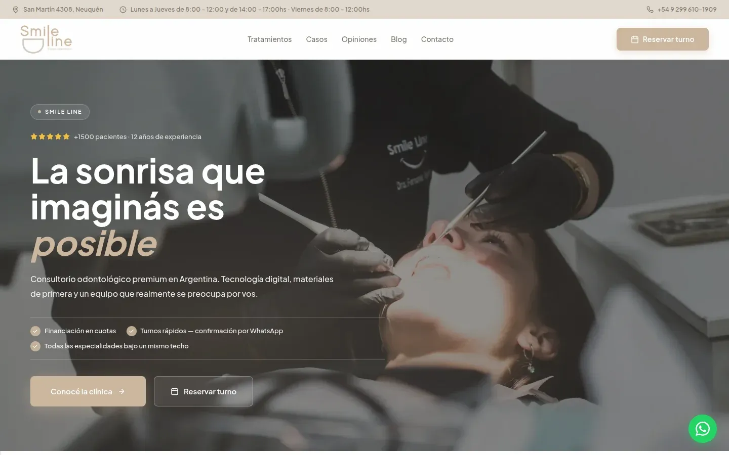 Portada del sitio de Smile Line: "La sonrisa que imaginás es posible" y el botón para reservar turno.