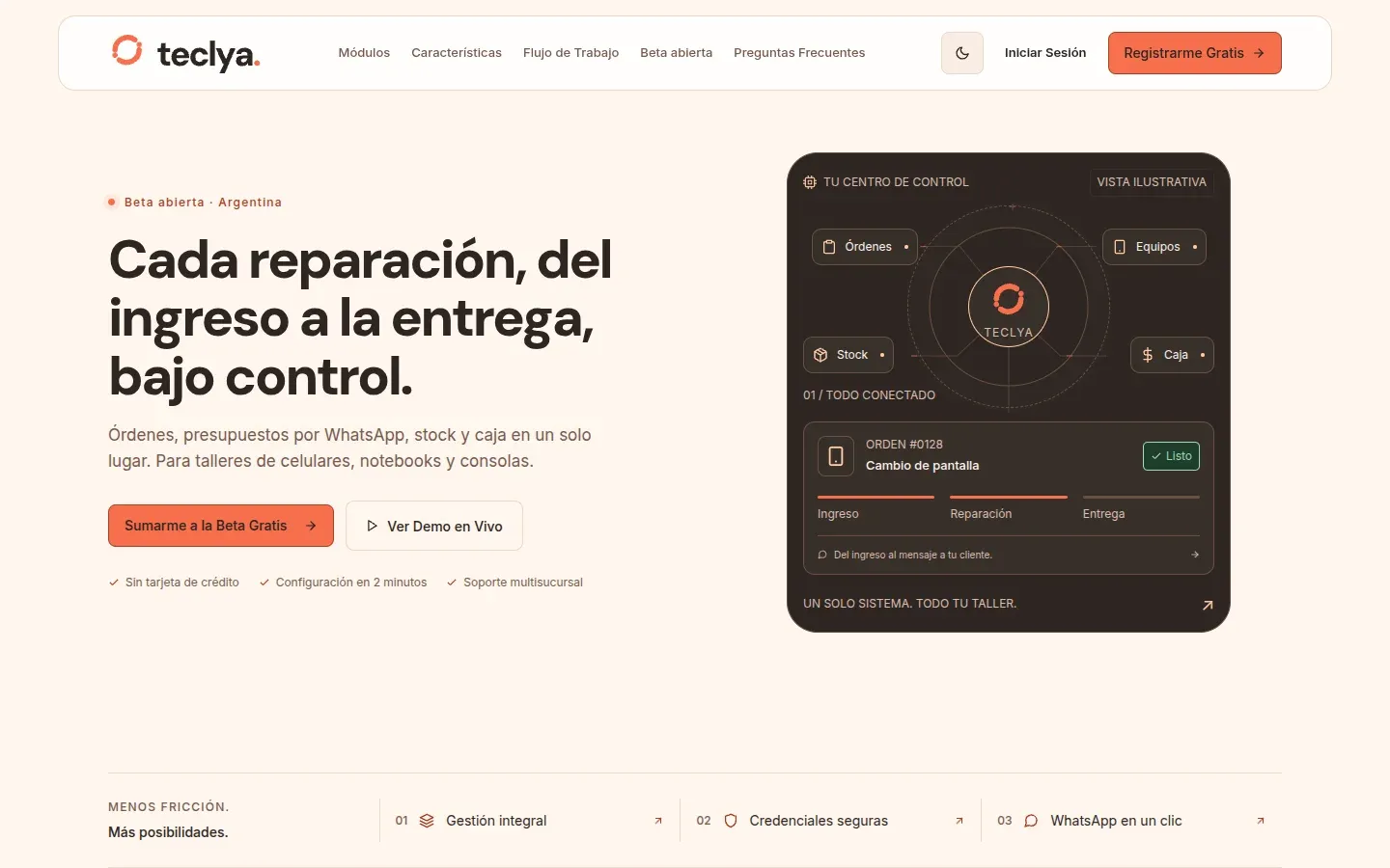 Página de inicio de Teclya, con el titular "Cada reparación, del ingreso a la entrega, bajo control." y el panel de órdenes, equipos, stock y caja.
