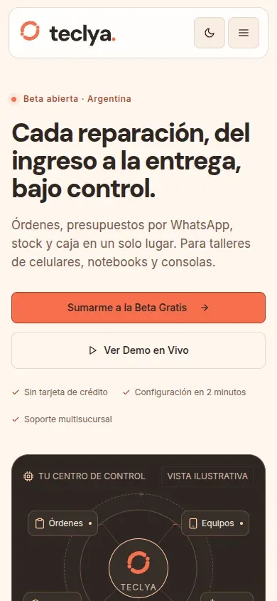 Sitio de Teclya en un celular: titular, botones para sumarse a la beta y ver la demo, y el panel de control.