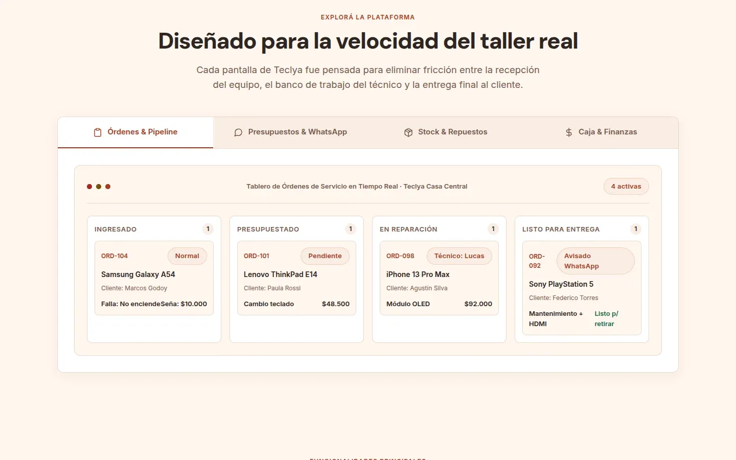 Tablero de órdenes de Teclya con cuatro columnas: ingresado, presupuestado, en reparación y listo para entrega.