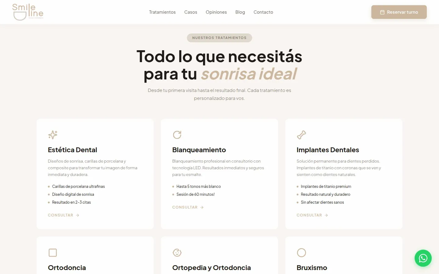 Sección de tratamientos de Smile Line con tarjetas de estética dental, blanqueamiento e implantes dentales.